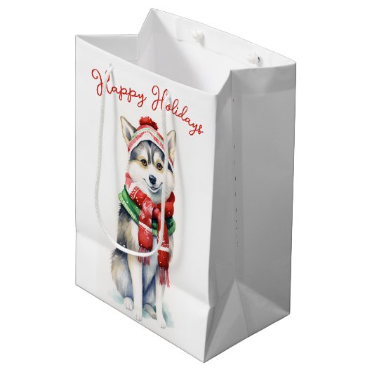 Christmas Siberian Husky Dog Mittlere Geschenktüte (Vorderseite Schrägansicht)