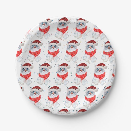 Christmas Silver And White Cat With Santa Hat Pappteller (Vorderseite)