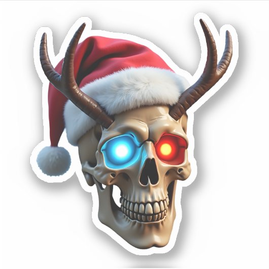 Christmas Skull with Santa Hat and Antlers Mystic Aufkleber (Vorderseite)