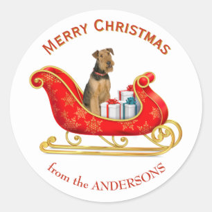 Christmas Sleigh Airedale Terrier Dog Runder Aufkleber