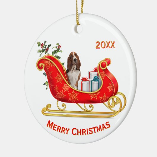 Christmas Sleigh Basset Hound Dog Keramik Ornament (Links)