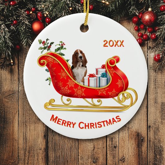 Christmas Sleigh Basset Hound Dog Keramik Ornament