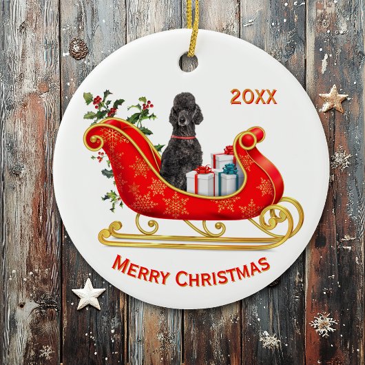 Christmas Sleigh Black Poodle Dog Keramik Ornament