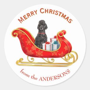 Christmas Sleigh Black Poodle Dog Runder Aufkleber