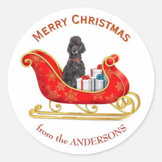 Christmas Sleigh Black Poodle Dog Runder Aufkleber (Vorderseite)
