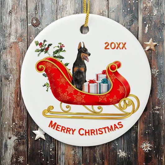 Christmas Sleigh Doberman Pinscher Dog Keramik Ornament