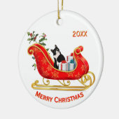 Christmas Sleigh Schwarz-weiße Katze Keramik Ornament (Links)