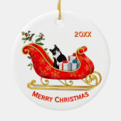 Christmas Sleigh Schwarz-weiße Katze Keramik Ornament (Hinten)
