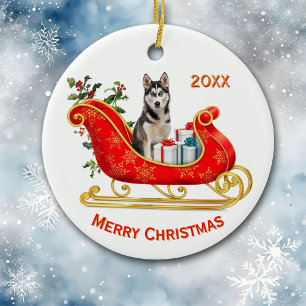 Christmas Sleigh Siberian Husky Dog Keramik Ornament