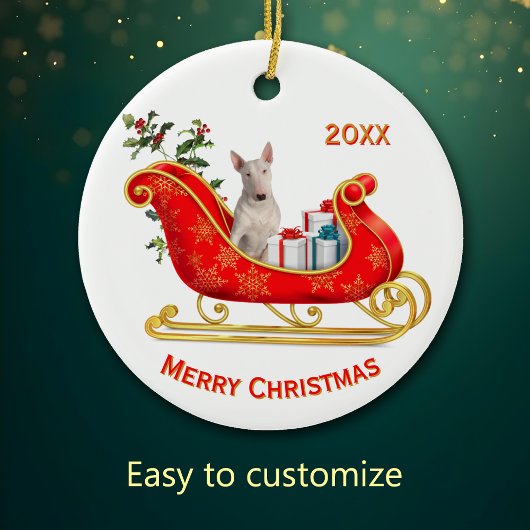 Christmas Sleigh White Bull Terrier Dog Keramik Ornament