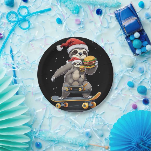 CHRISTMAS SLOTH Funny Christmas Skateboard Sloth Pappteller (Party)