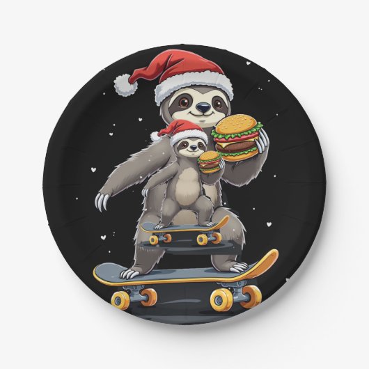 CHRISTMAS SLOTH Funny Christmas Skateboard Sloth Pappteller (Vorderseite)