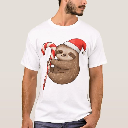 Christmas Sloth Hugging Candy Cane Classic T-Shirt (Vorderseite)