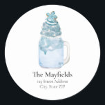 Christmas Snowflake Blue Milkshake Adresse Runder Aufkleber<br><div class="desc">Illustration von blauem Milchshake in Mason-Glas überzogen mit Sahne,  Schneeflocken Sprinkles und Weihnachtsgebäck.</div>