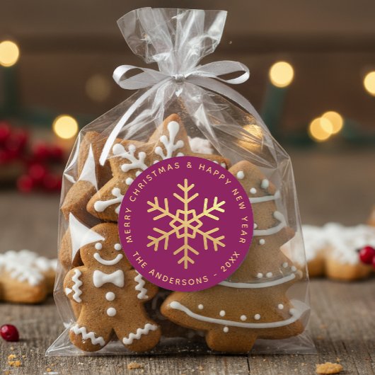 Christmas Snowflake Wine Color Elegant Faux Gold Runder Aufkleber