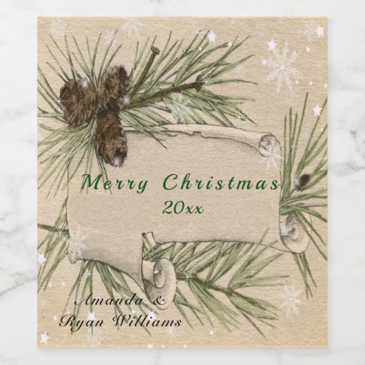 Christmas Snowflakes Pine Cones Pine Tree Branches Weinetikett (Einzelnes Label)