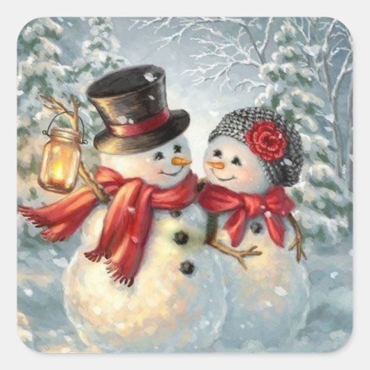Christmas Snowman Couple Quadratischer Aufkleber (Vorderseite)