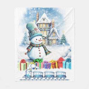 CHRISTMAS SNOWMAN GIFTS AND TOY TRAIN FLEECEDECKE