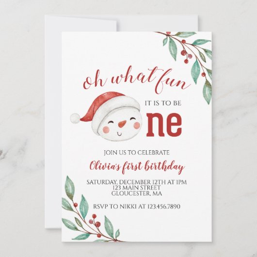 Christmas Snowman Holly First Geburtstag Einladung (Vorderseite)