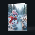 Christmas Snowman Ice Skaten Feiertagskarte<br><div class="desc">Eine fröhliche Schneeeis-Skaten auf einem gefrorenen Teich mit einem roten Hut und Schal steht auf einer eisigen Oberfläche,  begleitet von einem seltsamen Kaninchen. Text kann geändert werden.</div>