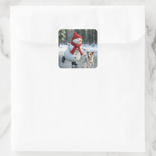 Christmas Snowman Ice Skating With Dog Quadratischer Aufkleber (Tasche)