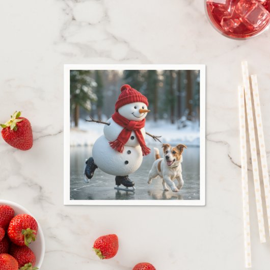 Christmas Snowman Ice Skating With Dog Serviette (Beispiel)