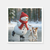 Christmas Snowman Ice Skating With Dog Serviette (Vorderseite)