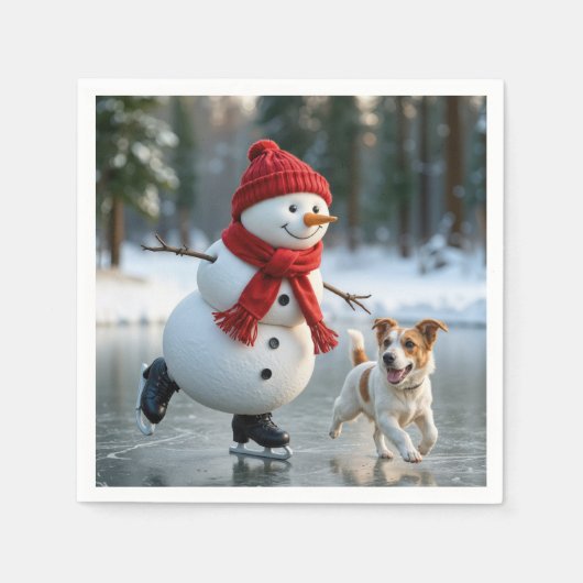 Christmas Snowman Ice Skating With Dog Serviette (Vorderseite)
