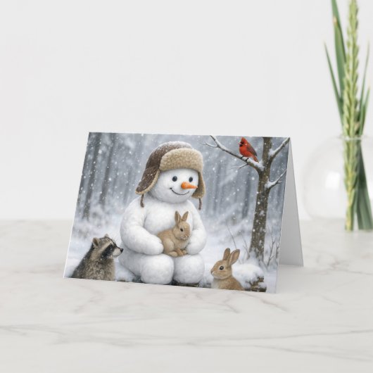 Christmas Snowman In Winter Woods With Animal Karte (Vorderseite)