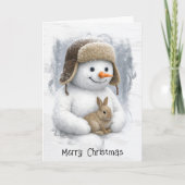 Christmas Snowman In Winter Woods with Bunny Karte (Vorderseite)