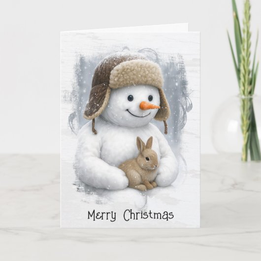 Christmas Snowman In Winter Woods with Bunny Karte (Vorderseite)