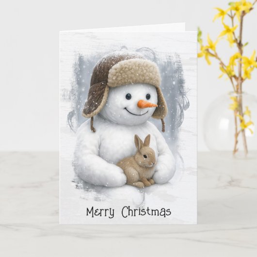 Christmas Snowman In Winter Woods with Bunny Karte (Gelbe Blume)