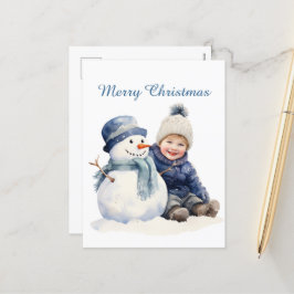 Christmas snowman kid add text watercolor Holiday Feiertagspostkarte