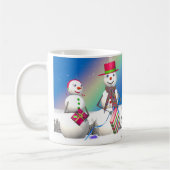 Christmas Snowman Opens Geschenke Kaffeetasse (Links)