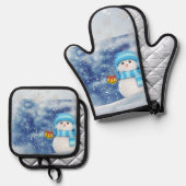Christmas Snowman Oven Mitt & Pot Holders Ofenhandschuh & Topflappen-Set (Vorderseite/Rückseite)