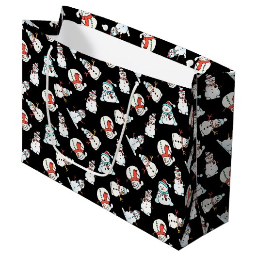 Christmas Snowman Pattern - Schwarz Große Geschenktüte (Vorderseite Schrägansicht)