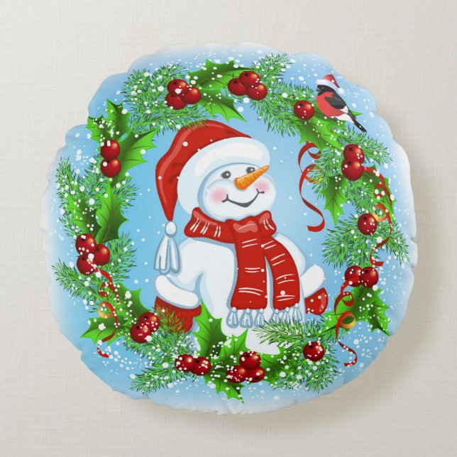 Christmas Snowman Round Pillow Rundes Kissen (Vorderseite)