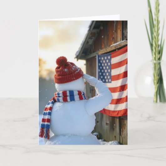 Christmas Snowman Saluting an American Flag Karte (Vorderseite)