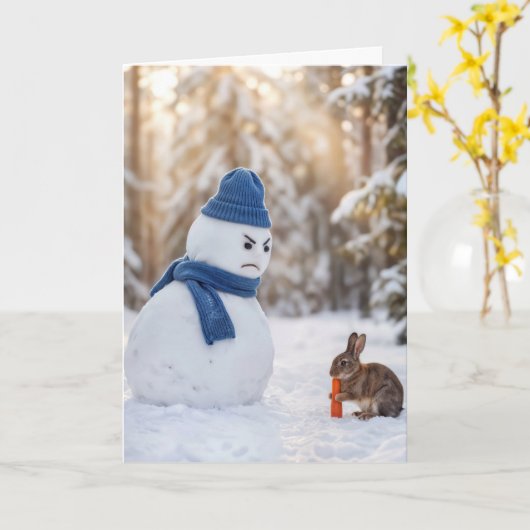 Christmas Snowman Scowling at a Rabbit Karte (Gelbe Blume)