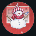 Christmas Snowman Sticker<br><div class="desc">Ein niedlicher Schneemann mit einer rot-weiß gestreiften Mütze und einem rot-rosa Schal mit kleinen Lieben. Er hat eine Karottennase und Arme. Ein blauer Vogel sitzt auf dem Snowman-Stick-Arm. Der Hintergrund ist rot mit Schneeflocken,  die zufällig verstreut sind. Im Hintergrund zentriert ist ein Notenblatt.</div>