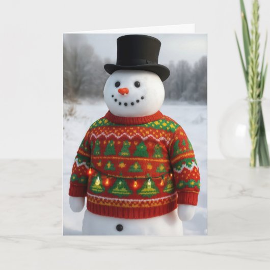 Christmas Snowman Wearing an Ugly Sweater Karte (Vorderseite)