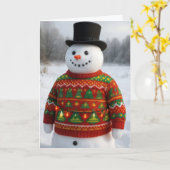 Christmas Snowman Wearing an Ugly Sweater Karte (Gelbe Blume)