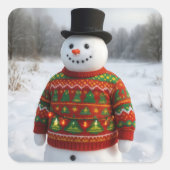 Christmas Snowman Wearing an Ugly Sweater Quadratischer Aufkleber (Vorderseite)