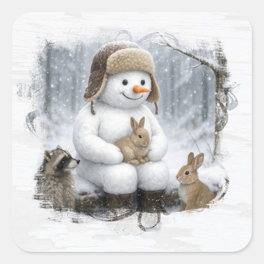 Christmas Snowman With Friends In Winter Woods Quadratischer Aufkleber (Vorderseite)