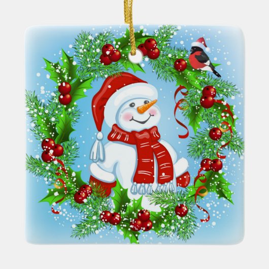 Christmas Snowman Wreath Keramikornament (Vorderseite)