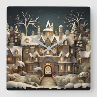 Christmas Snowy Manor Storybook Wonderland Quadratische Wanduhr