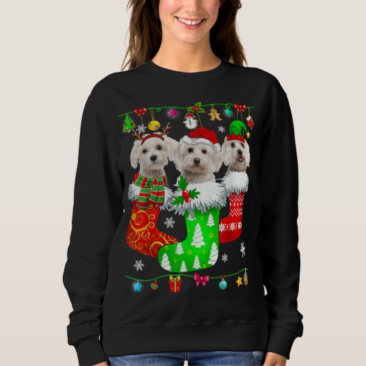 Christmas Socks Pajama Maltese Dog Puppy Lover Sweatshirt (Vorderseite)