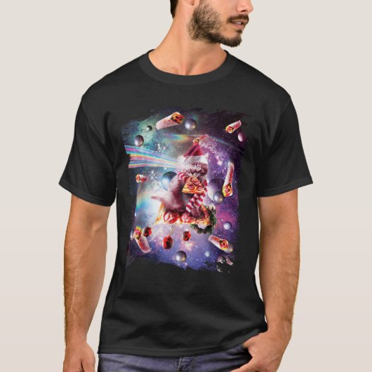 Christmas Space Cat Eating Pizza Laser Eyes Xmas X T-Shirt (Vorderseite)