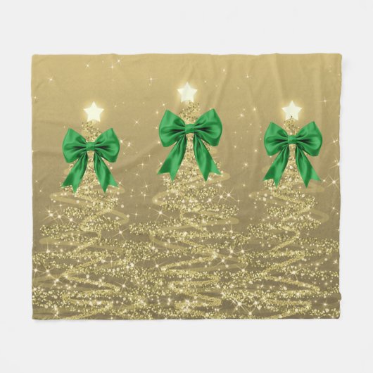 Christmas Sparkling Trees Gold Faux Green Bow Fleecedecke (Vorderseite (Horizontal))