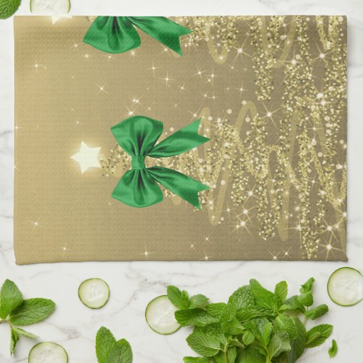 Christmas Sparkling Trees Gold Faux Green Bow Geschirrtuch (Gefaltet)